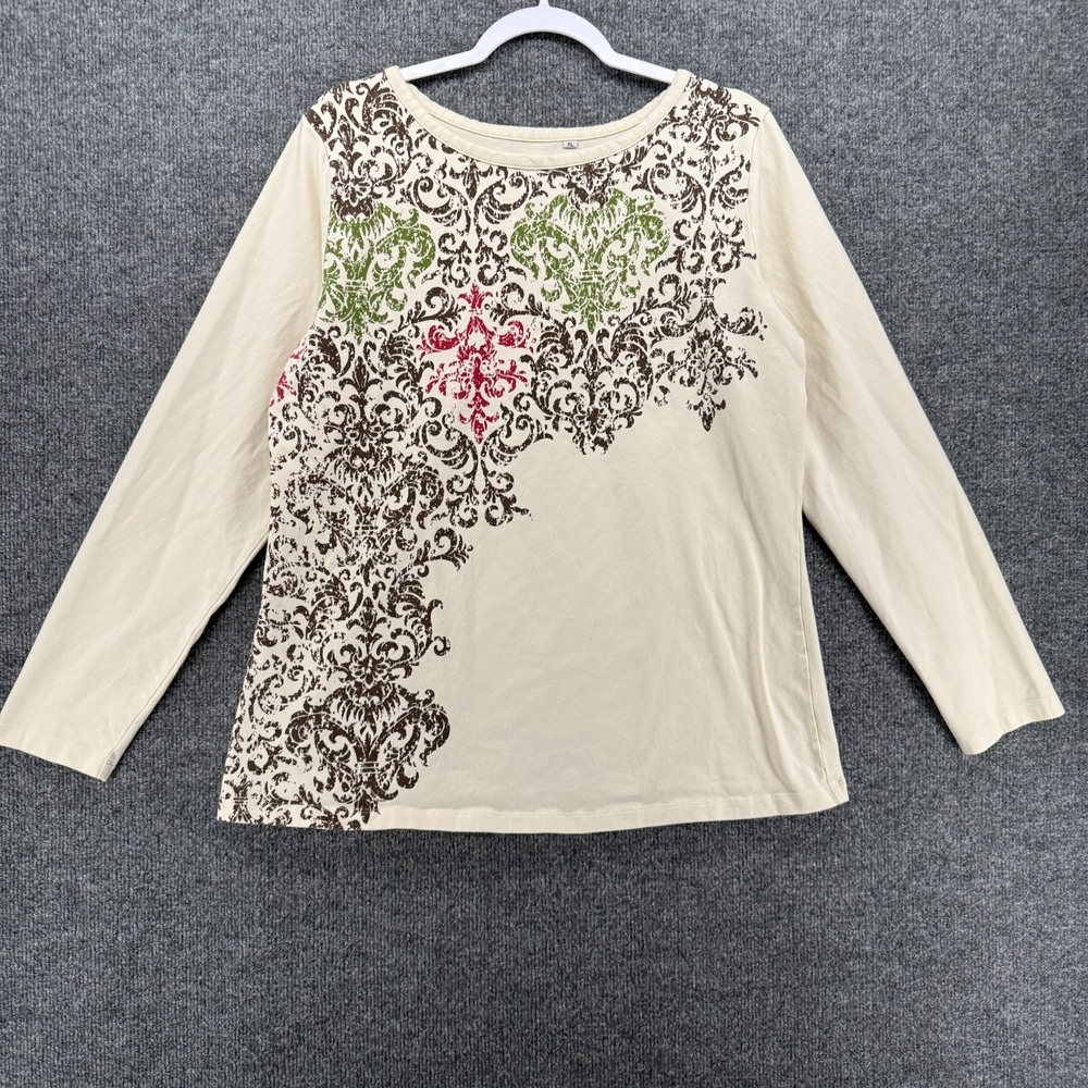 Acacia Top Women XL Cream Cross Graphic Round New Long Sleeve Y2K Casual